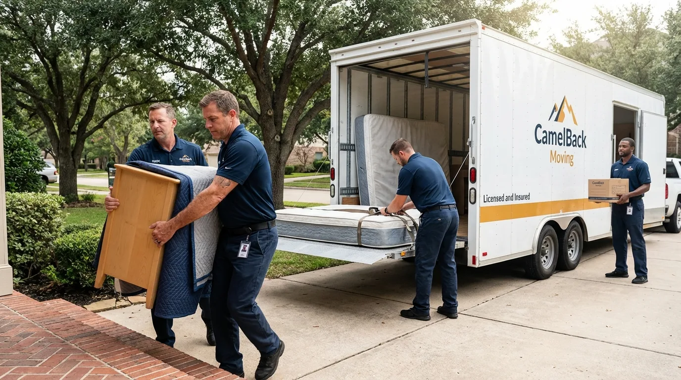 Crew loading residential truck for cross-state move from Humble, TX