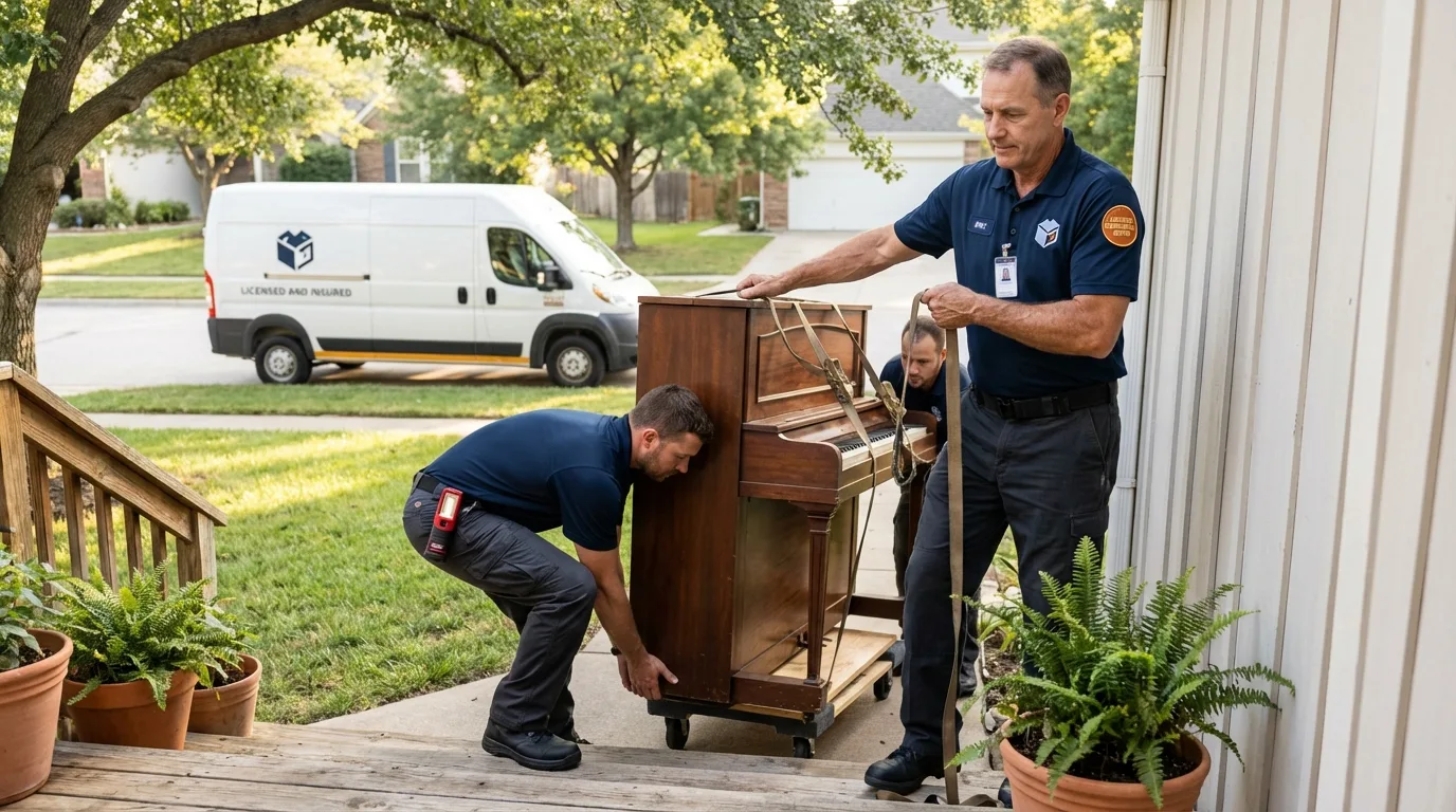Licensed piano movers securing grand piano in Humble, TX
